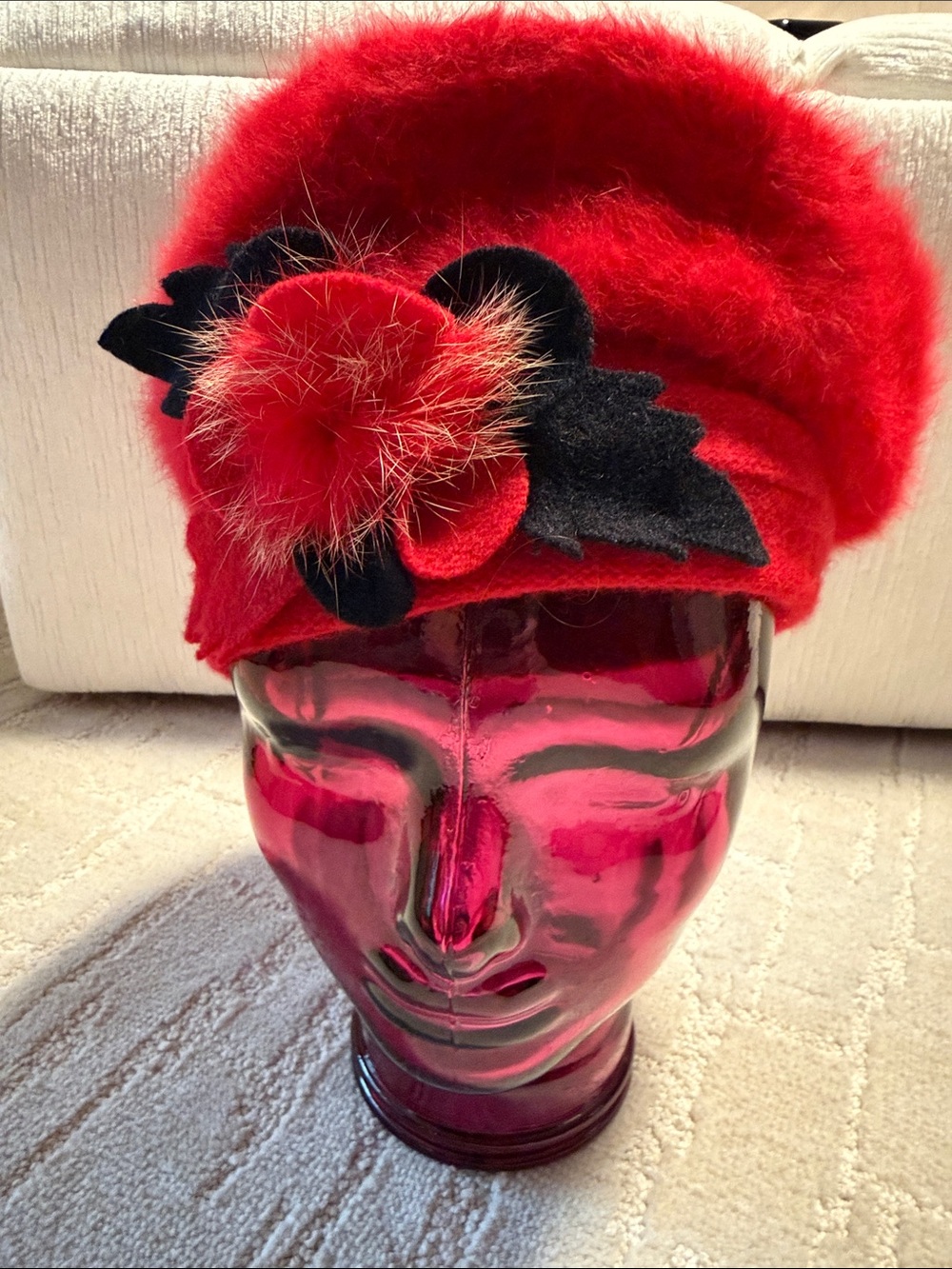 Red Fur-Trim Wool Cloche Hat with Floral Accent